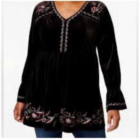 Style & Co Black Velvet Embroidered Baby Doll Top Boho Whimsigoth 3X New - Picture 1 of 15